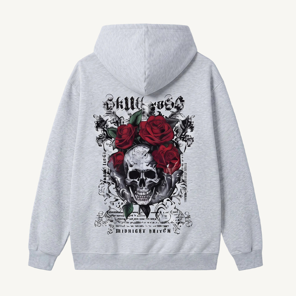 A light gray heather pullover hoodie shown from the back, featuring a large graphic print of a skull surrounded by red roses and black gothic-style text.
