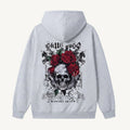 A light gray heather pullover hoodie shown from the back, featuring a large graphic print of a skull surrounded by red roses and black gothic-style text.