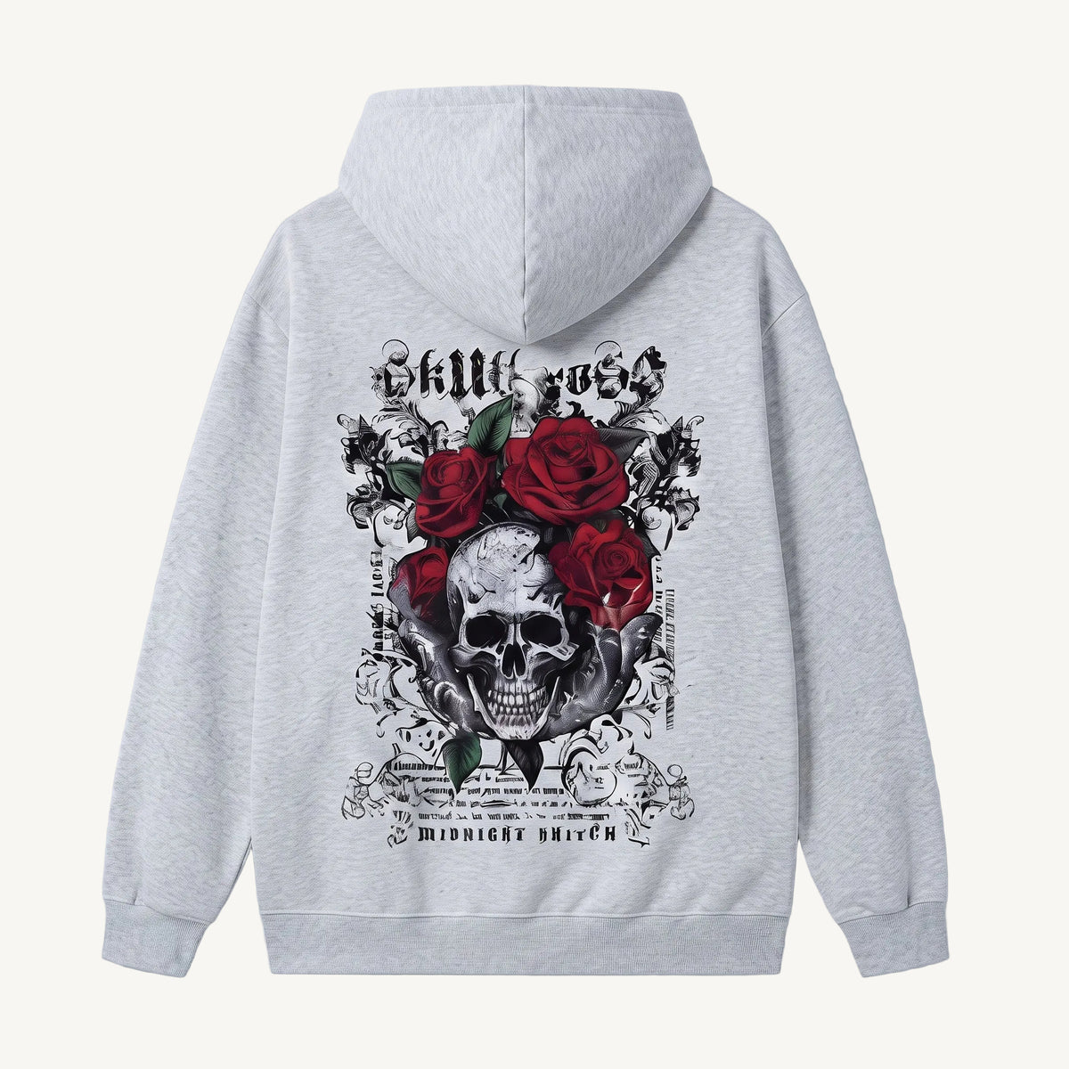 A light gray heather pullover hoodie shown from the back, featuring a large graphic print of a skull surrounded by red roses and black gothic-style text.