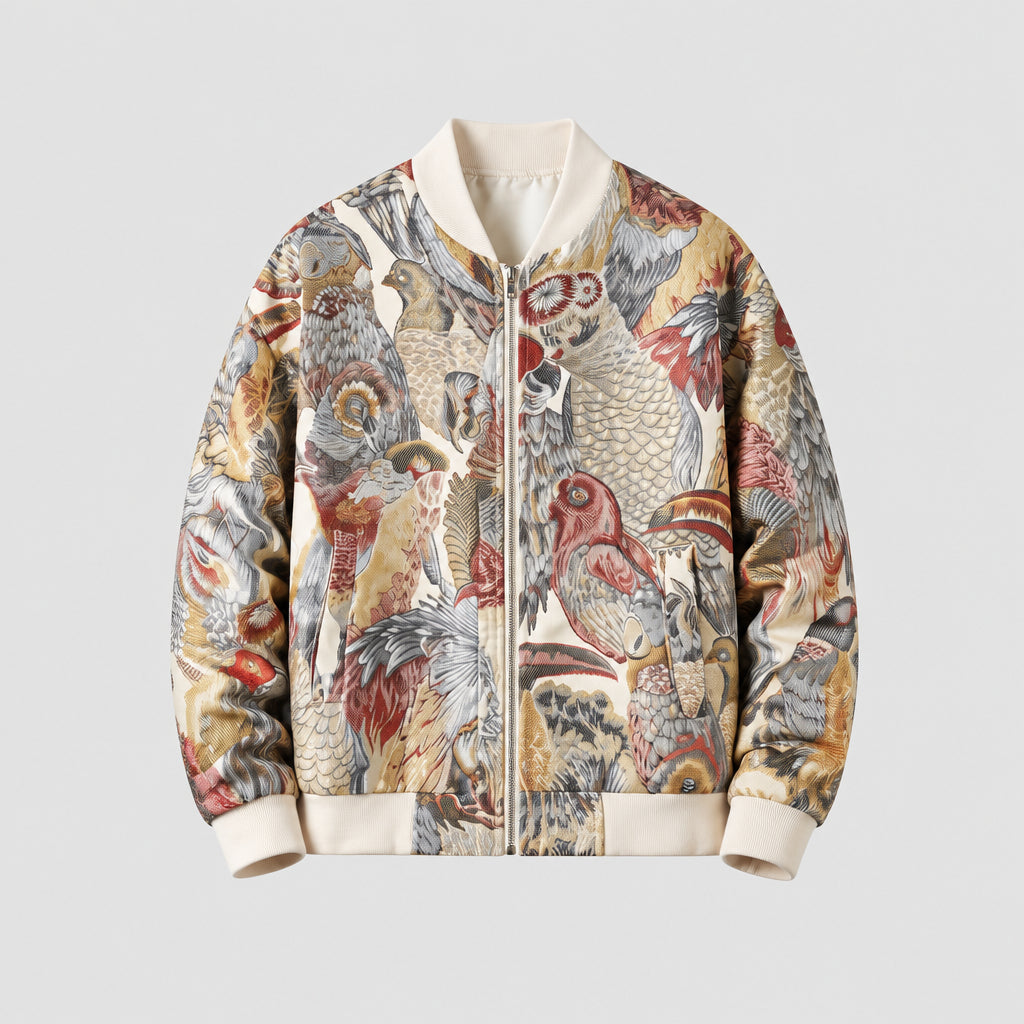 A zip-front bomber jacket with a detailed vintage-style bird print in beige, brown, red, and gray tones, featuring ribbed cream collar, cuffs, and hem, shown against a light neutral background with a textured gray floor.