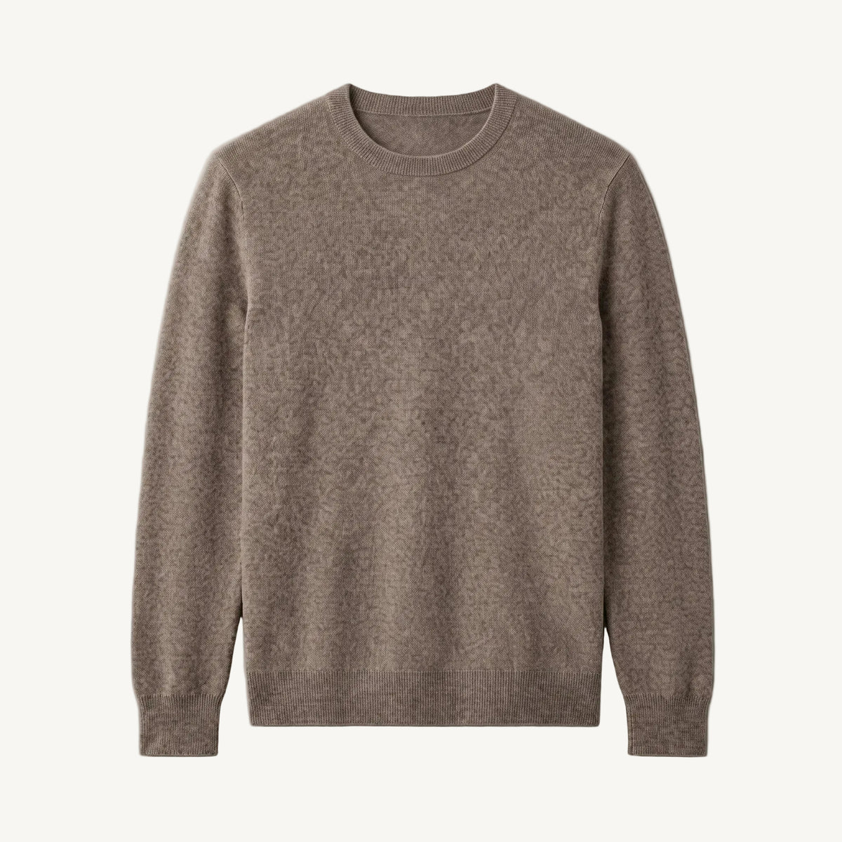 A long-sleeve crewneck knit sweater in a heathered taupe-brown color, displayed flat against a solid gray background.